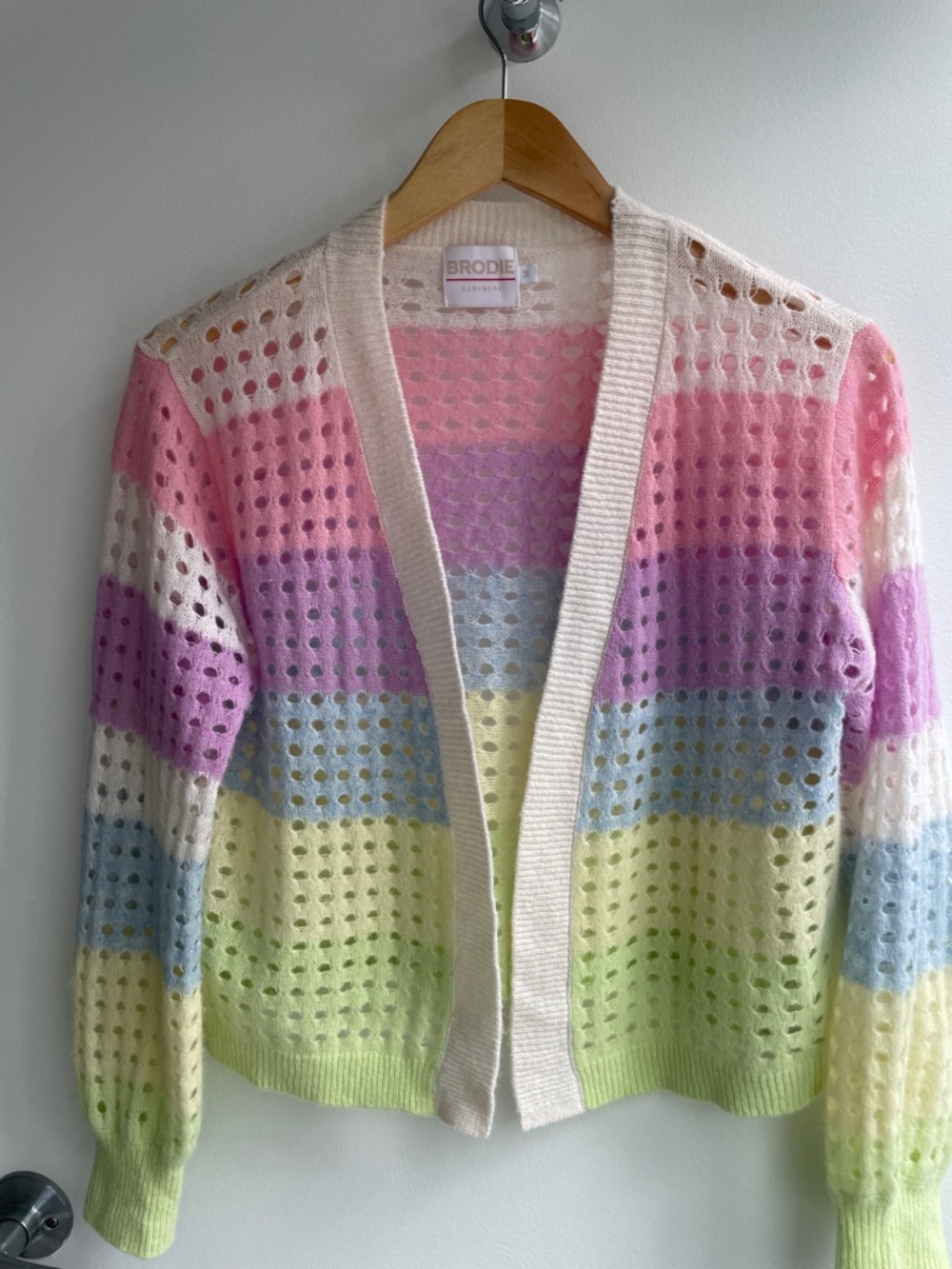 Brodie Cashmere Pastel Striped Open Knit Cardigan - Pink/Multicolor